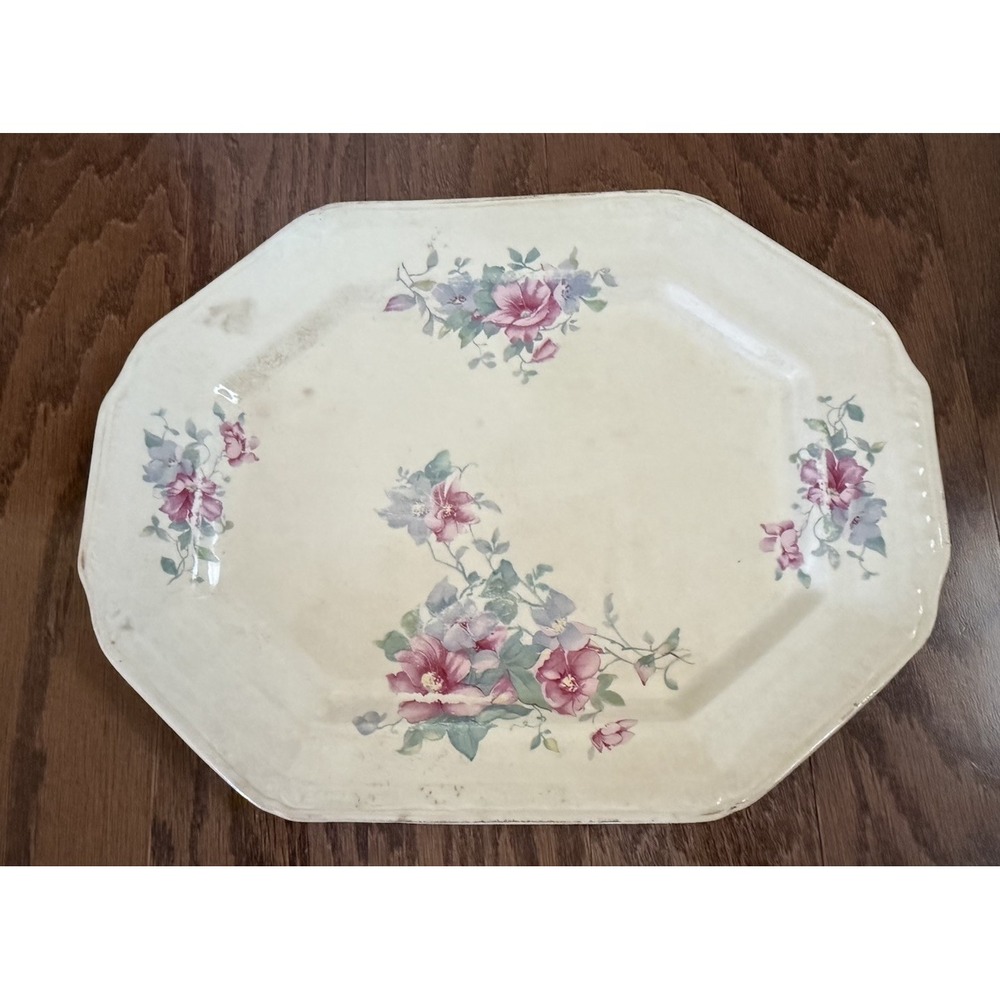 Vintage Edwin Knowles Floral China Serving Dish Platter 32-7 Cream Pink Cottage - Picture 1 of 8